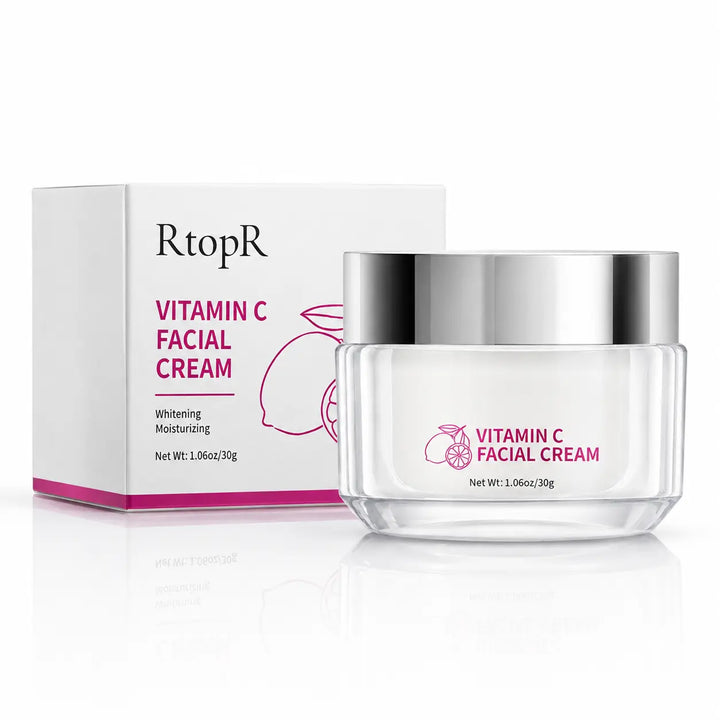 Vitamin C Facial Cream 30g professional hero packshot with RtopR jar and carton on a pure white studio background.