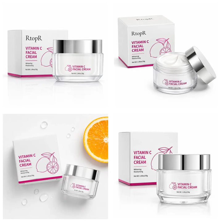 Professional four-panel collage of Vitamin C Facial Cream 30g packaging, cream texture, flat lay and hero packshot.