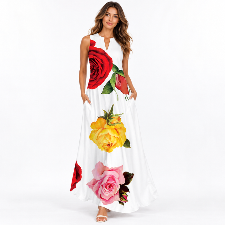 VLCQ-134 white floral rose print maxi dress quality image