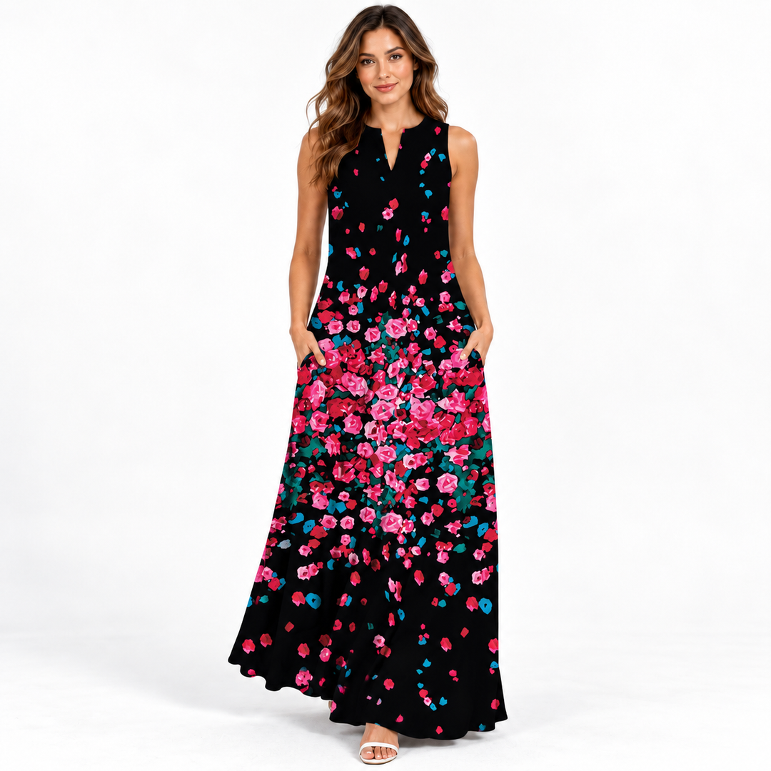 VLCQ-135 pink floral scatter print maxi dress