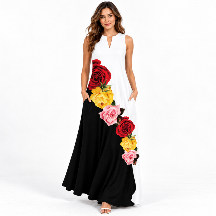 VLCQ-136 black white floral panel maxi dress