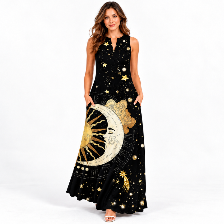 VLCQ-138 sun moon celestial print maxi dress
