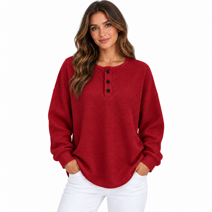 Waffle long sleeve shirt with buttons for women in red model front view showing loose fit, button neckline and waffle texture
