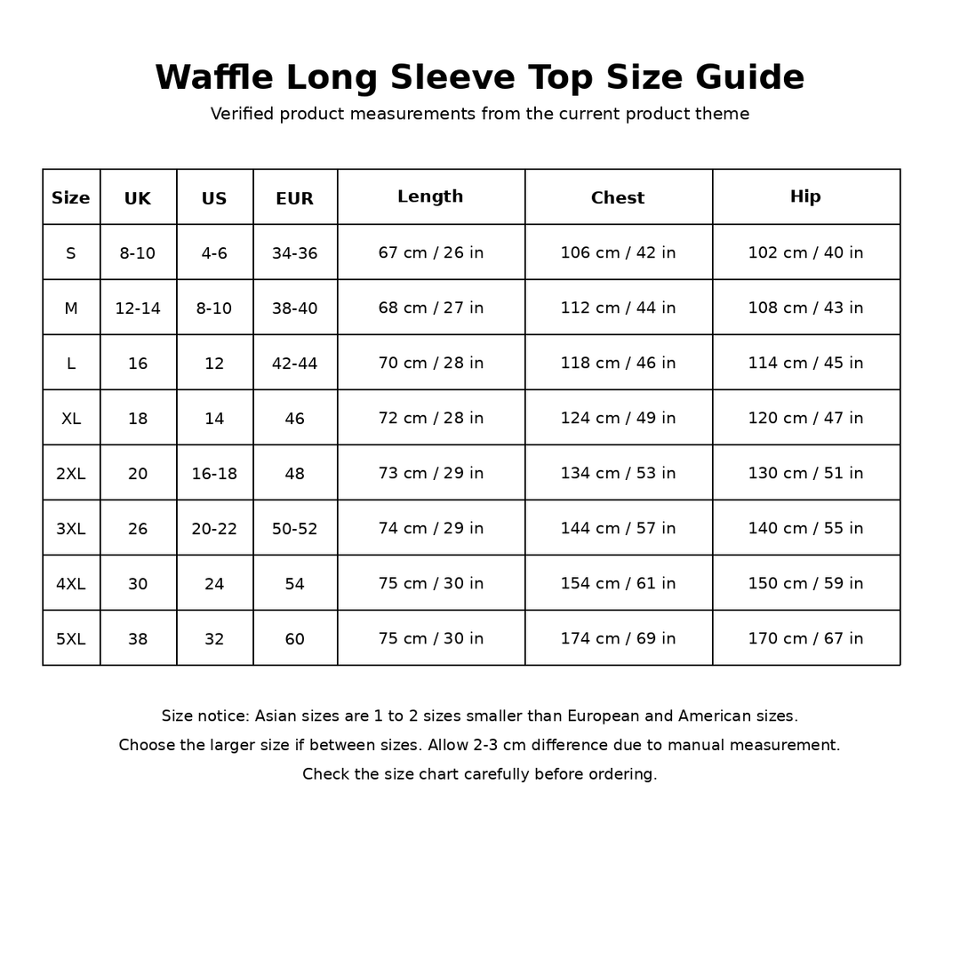 Waffle long-sleeve top size guide, showing S to 5XL measurements with UK, US and EUR references for easier buyer size review.