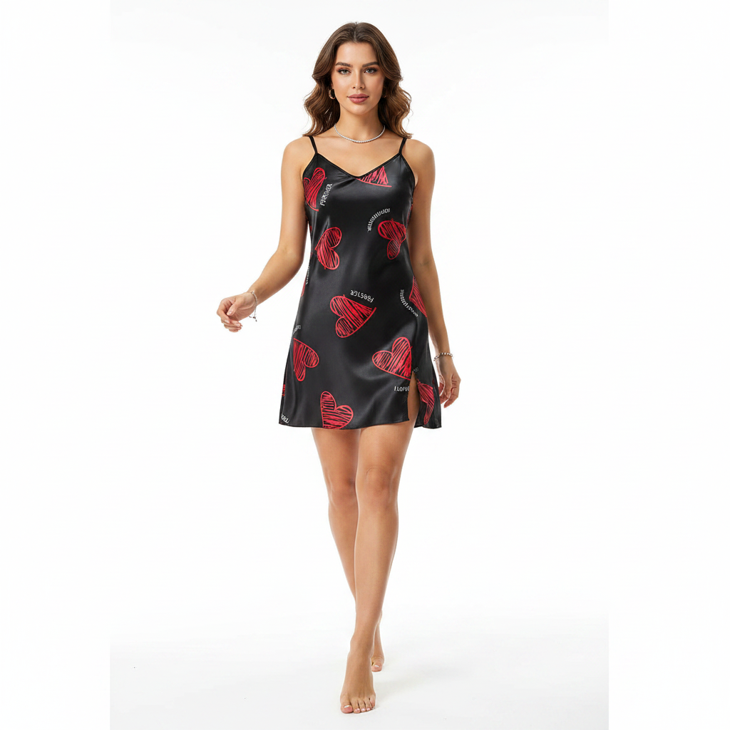 Red lip print nightdress with V-neck satin slip silhouette for warm nights