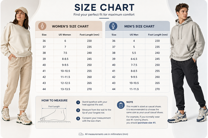Unisex warm athletic shoes size chart for women and men with US sizing and foot length guide
