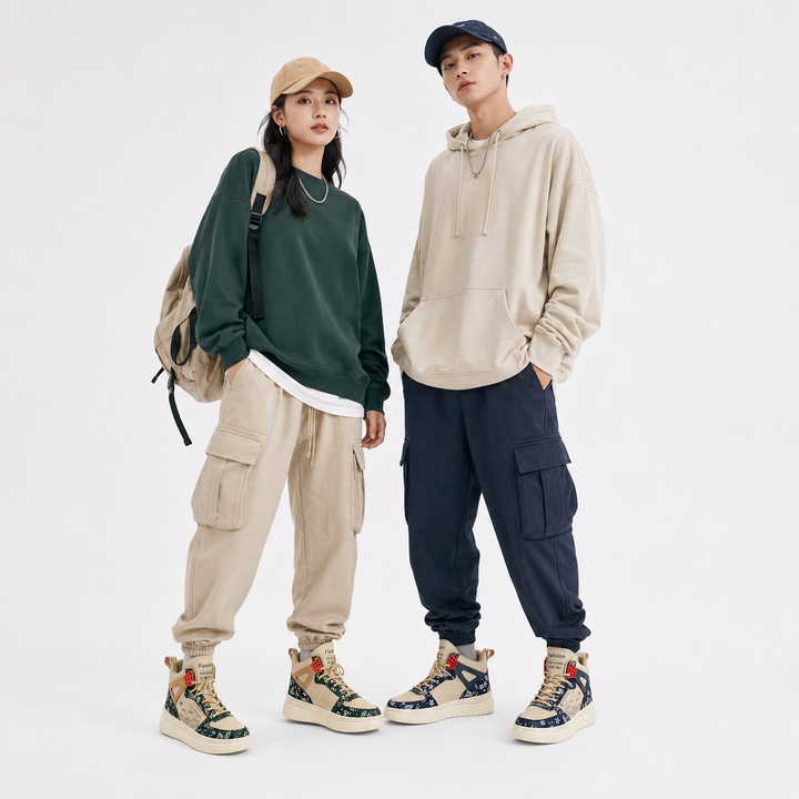Unisex warm athletic high-top shoes shown on a male and female model in beige green and beige blue variants
