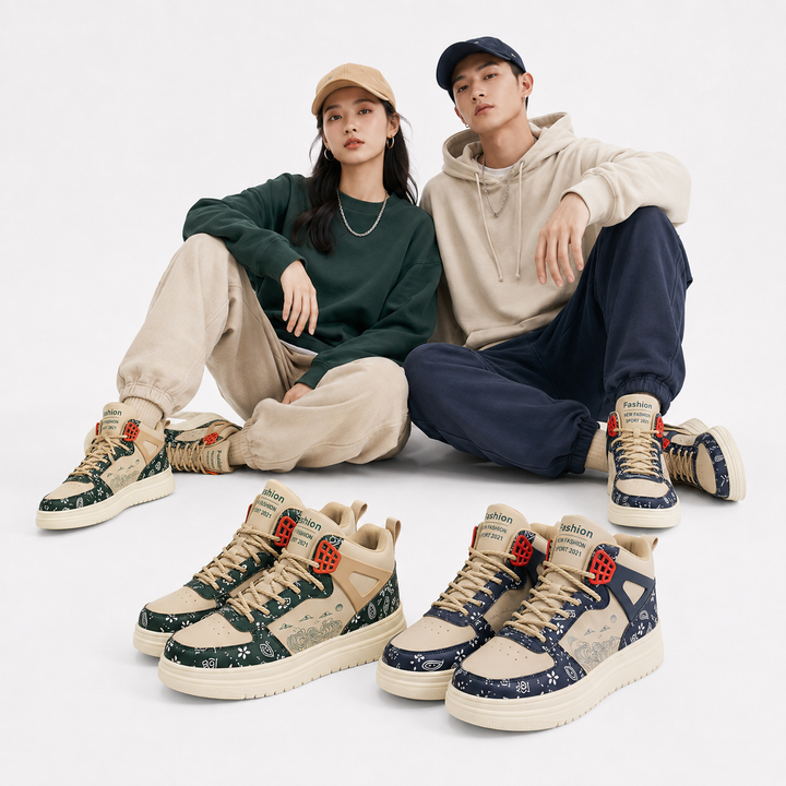 Unisex warm athletic high-top shoes in beige green and beige blue shown with male and female models