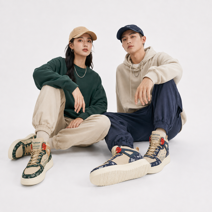 Male and female models seated together wearing unisex warm athletic high-top shoes with green and blue variants