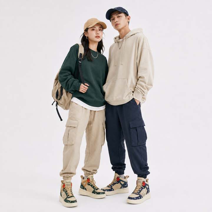 Male and female models standing together in unisex warm athletic high-top shoes on a clean studio background