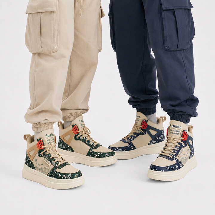 Close-up of beige green and beige blue unisex warm athletic high-top shoe variants worn side by side