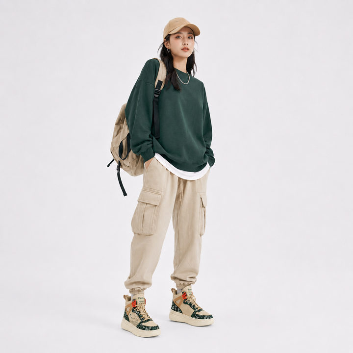 Woman wearing beige green unisex warm athletic high-top shoes on a clean studio background