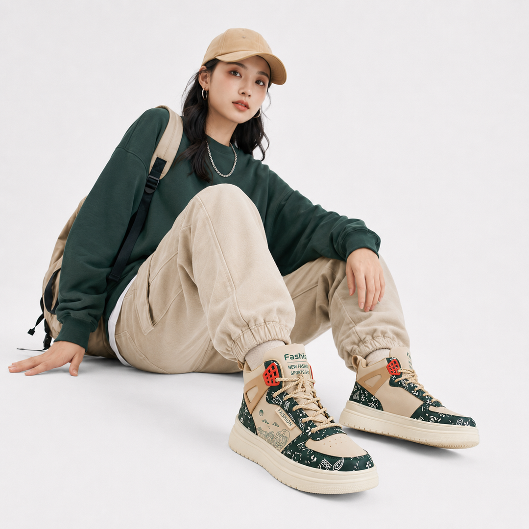 Woman seated in studio wearing beige green unisex warm athletic high-top shoes with product focus
