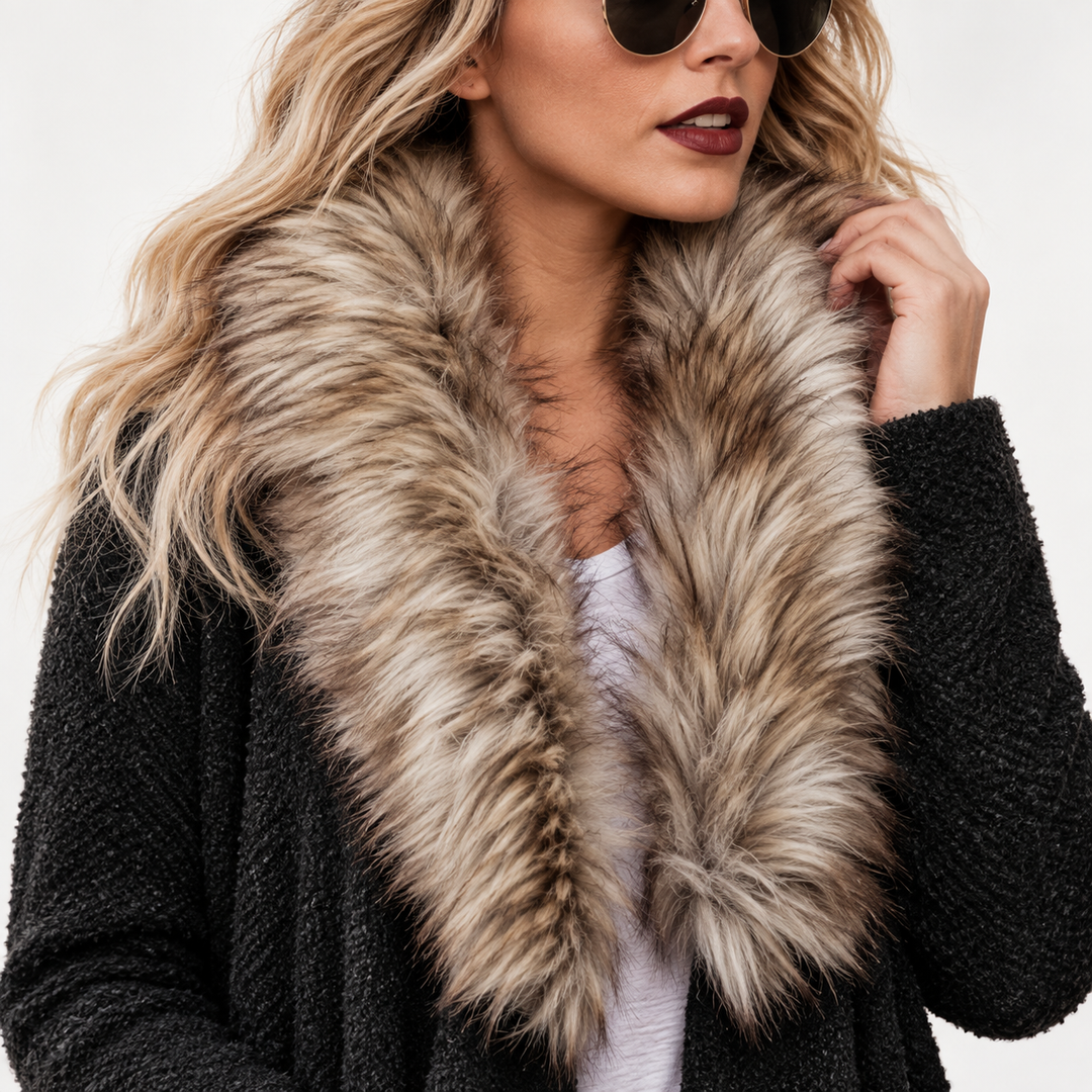 Plush collar close-up on Black cardigan for women showing two-tone trim, textured fabric and visible open-front design detail