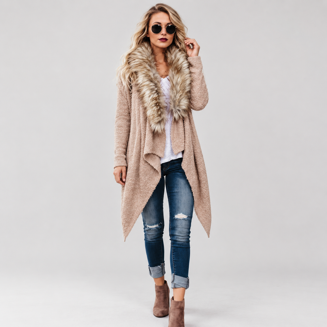 Front view of Khaki waterfall cardigan for a woman showing open front, textured surface, long sleeves and pointed hem details
