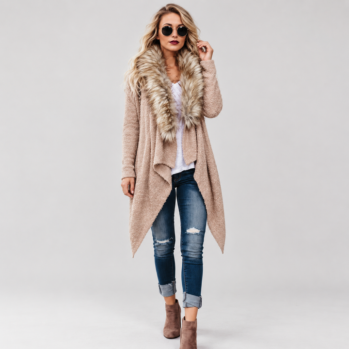 Front view of Khaki waterfall cardigan for a woman showing open front, textured surface, long sleeves and pointed hem details