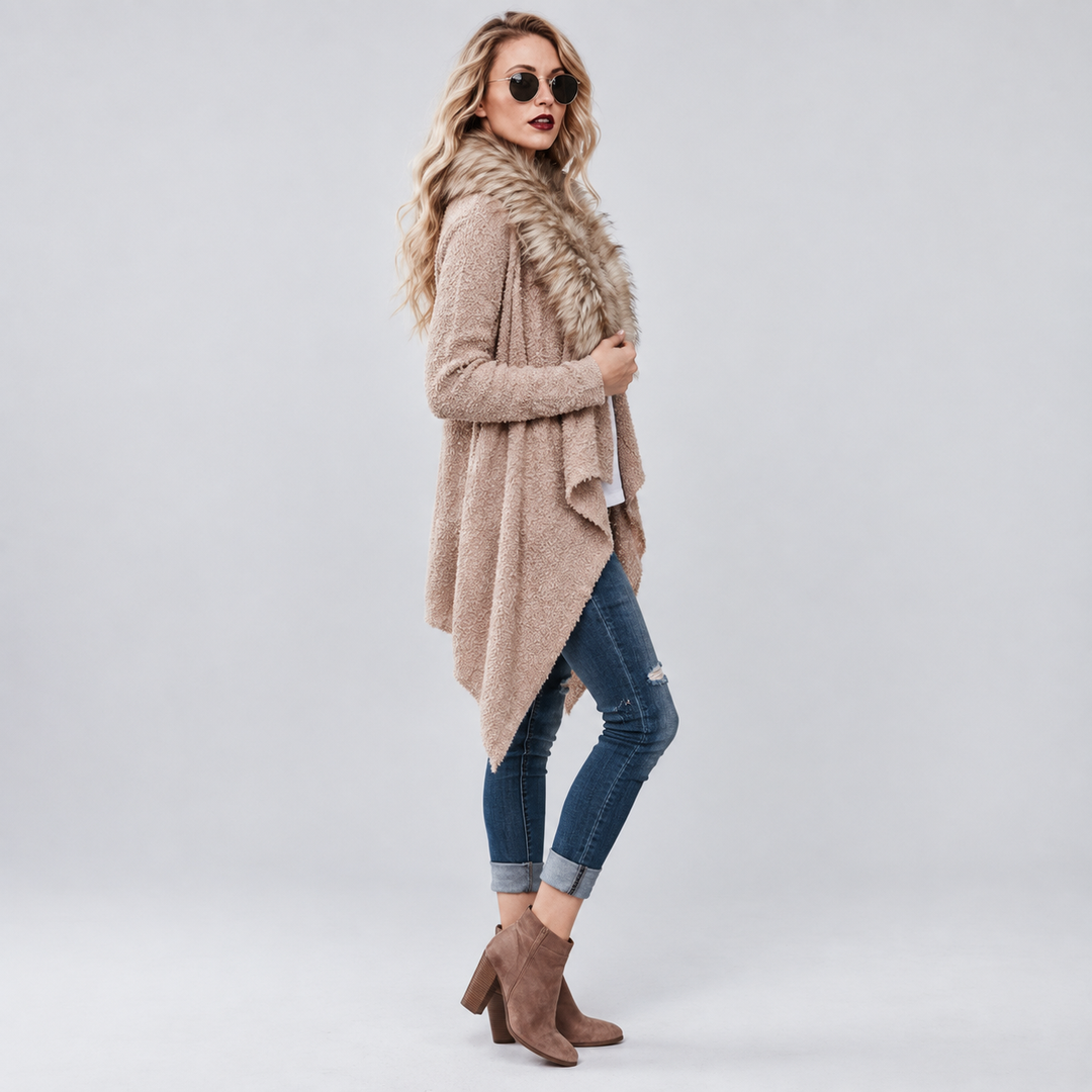 Side view of Khaki open-front cardigan on a female model showing a textured body, draped front and long asymmetric silhouette