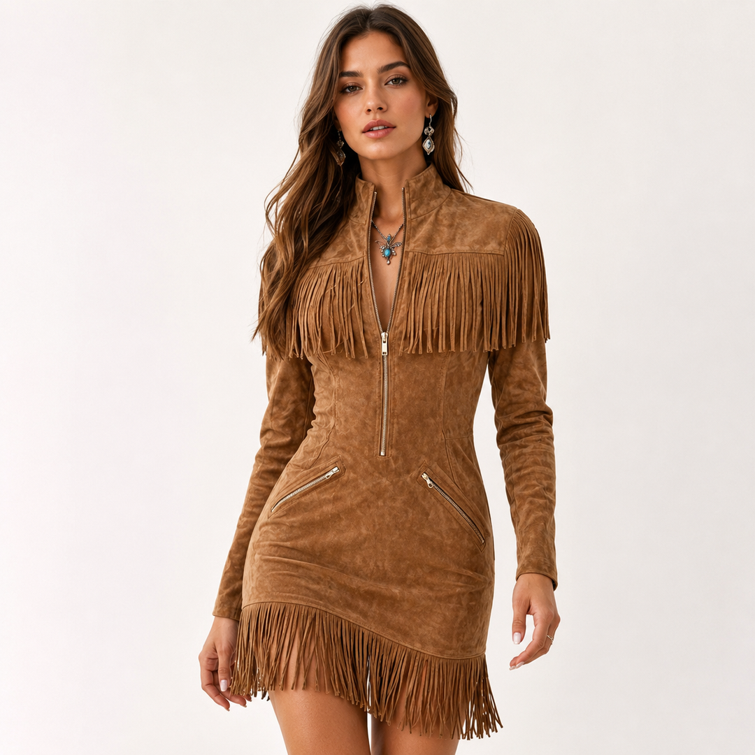 Close view of brown midi dress showing zipper detail, tassel accents, patchwork styling, long sleeves with midi A-line shape.