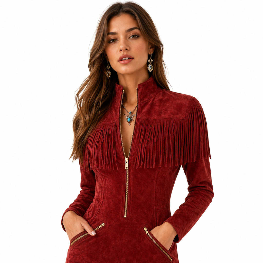 Close view of red midi dress showing zipper detailing, tassel accents, patchwork styling, long sleeves and midi A-line shape.