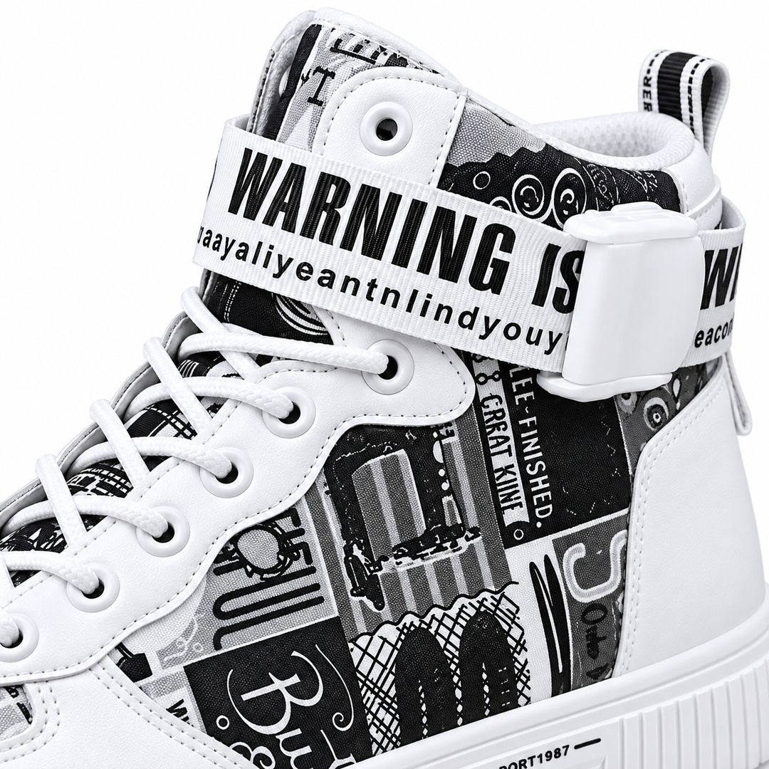 White Black high top sneaker close-up of laces ankle strap and graphic panels