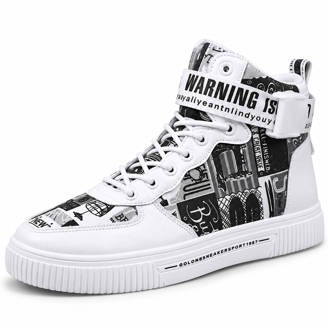 White Black high top sneaker with graphic panels and lace-up front