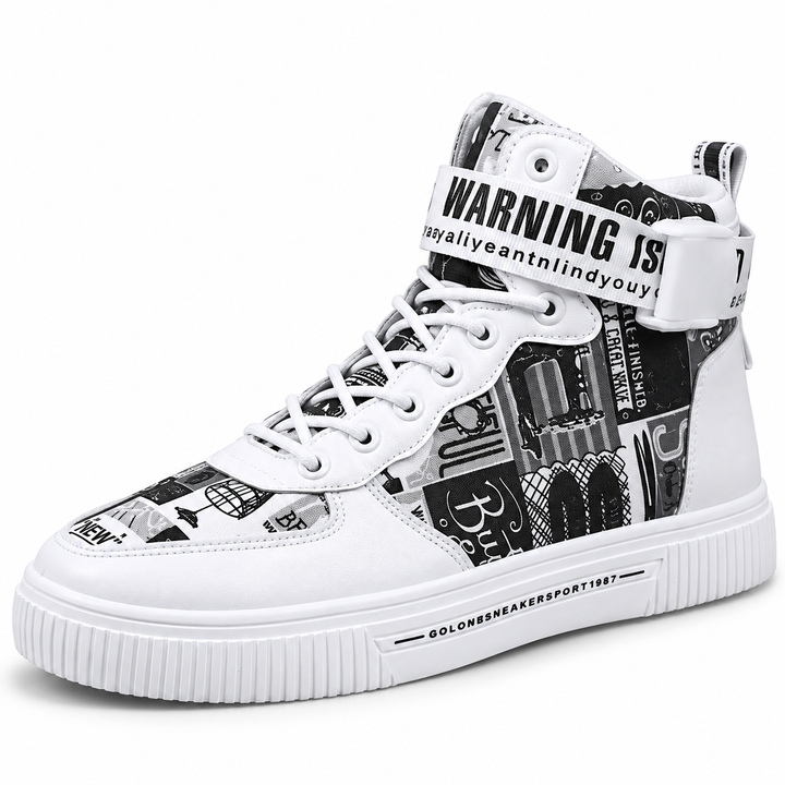 White Black high top sneaker with graphic panels and lace-up front