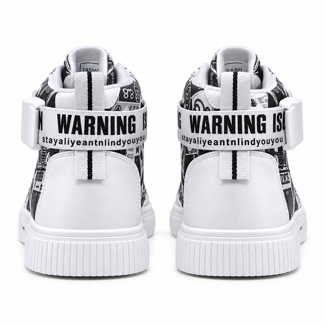 White Black high top sneakers rear view with ankle strap and pull tabs