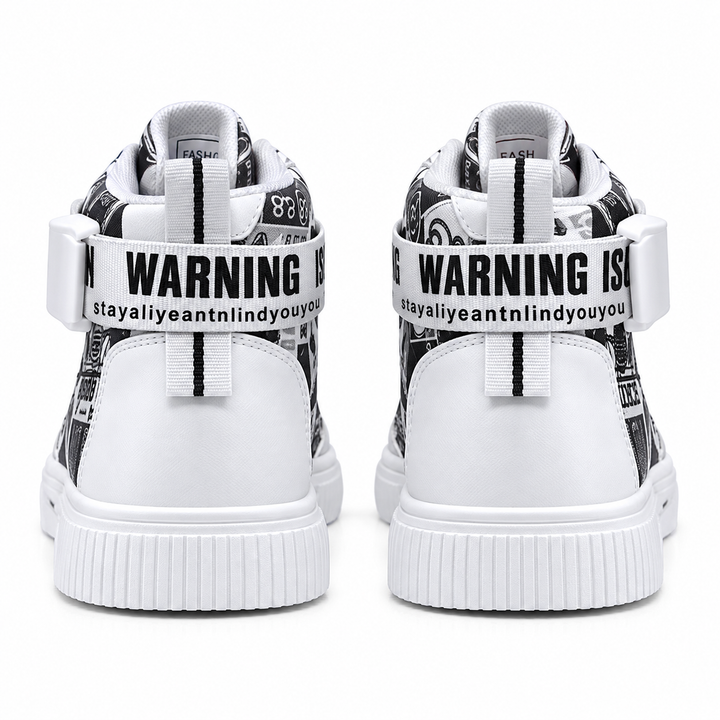 White Black high top sneakers rear view with ankle strap and pull tabs