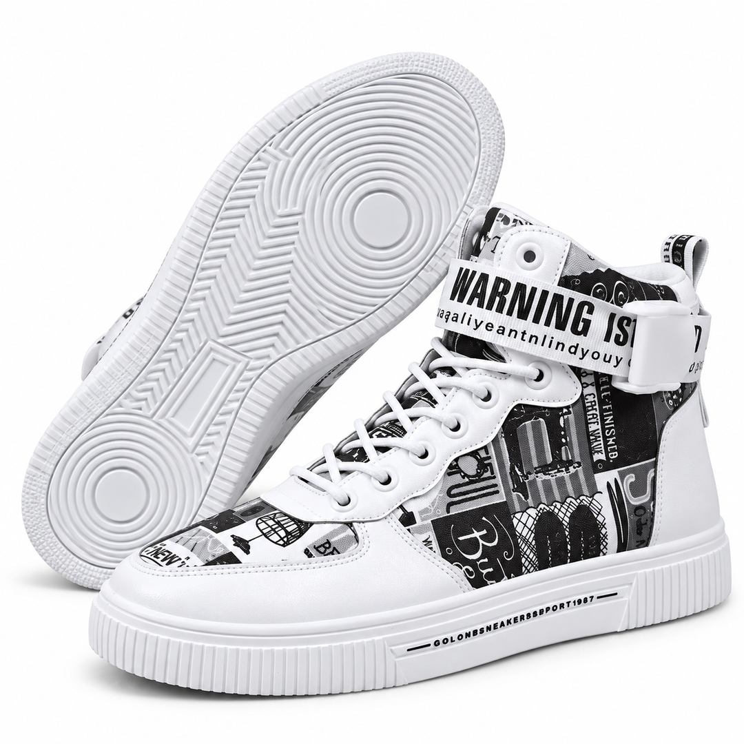 White Black high top sneakers showing graphic upper and outsole detail