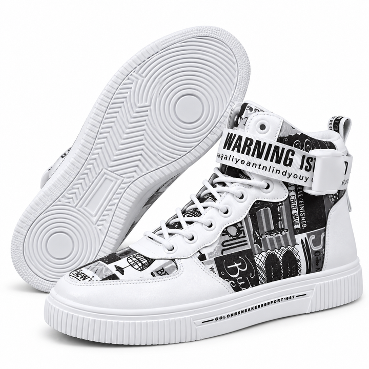 White Black high top sneakers showing graphic upper and outsole detail