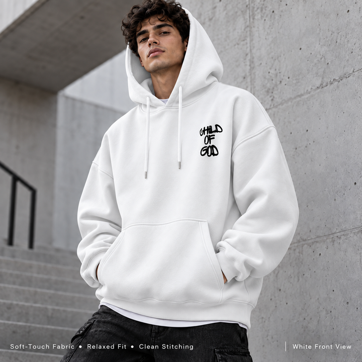 White hoodie front view on male model with small black chest graphic