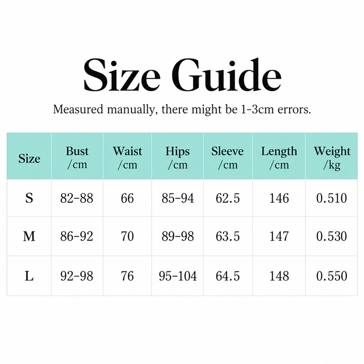 Size guide for the white maxi dress with verified S, M and L bust, waist, hips, sleeve, length and weight measurements.