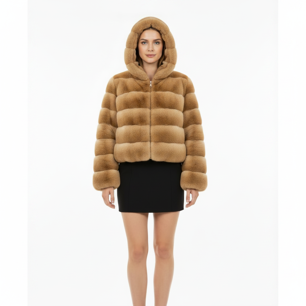 Front view of the hooded faux fur coat for women with short length, long sleeves, practical hood and plush polyester texture.