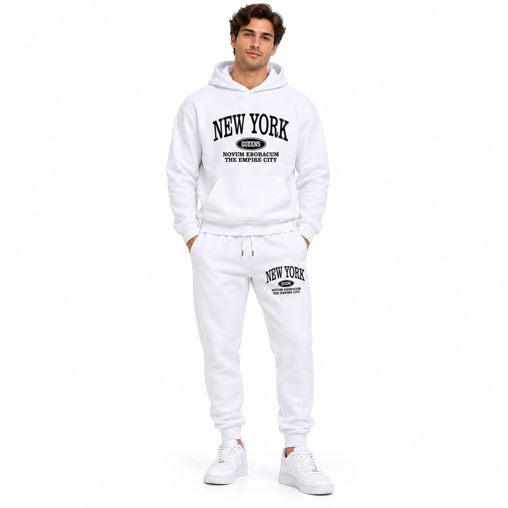 White graphic hoodie and sweatpants set on a male model, full front view