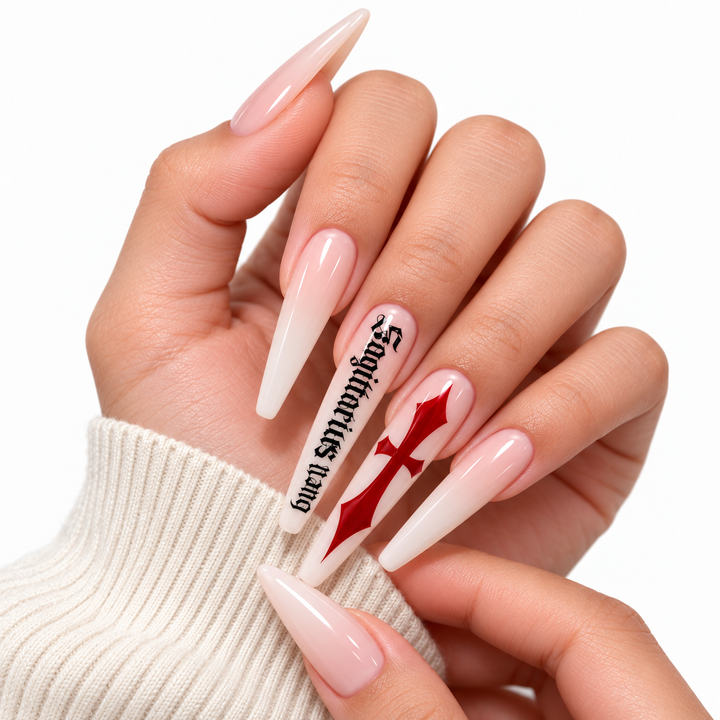 White press on nails shown in an ombre gothic manicure look