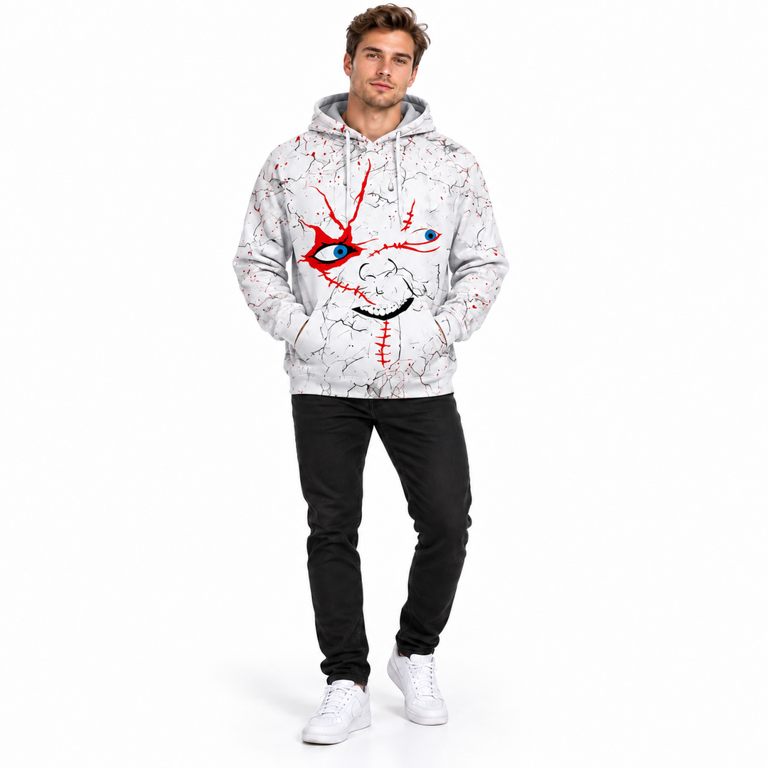 White stitched face graphic hoodie in studio pose