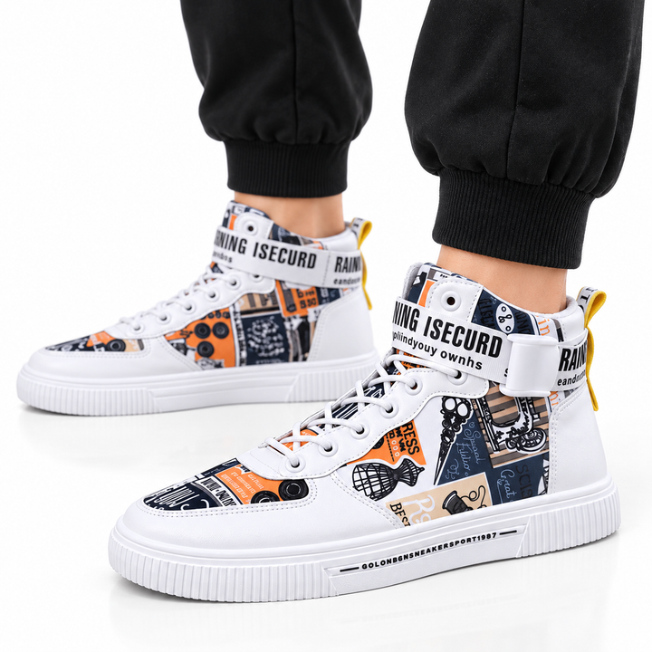 White Yellow high top sneakers worn with black joggers on white background