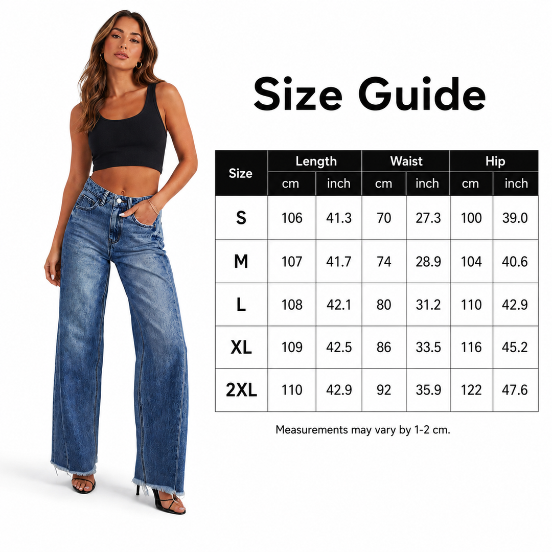 Wide leg jeans for women size guide showing S to 2XL length, waist and hip measurements in centimeters and inches.