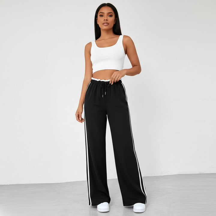 Side stripe wide leg pants with relaxed fit and pocketed design