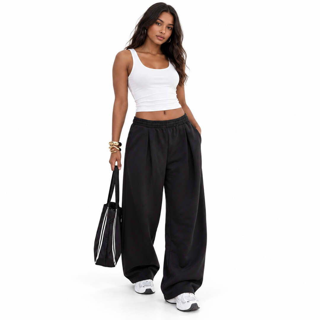 Black pants shown in a turned front view