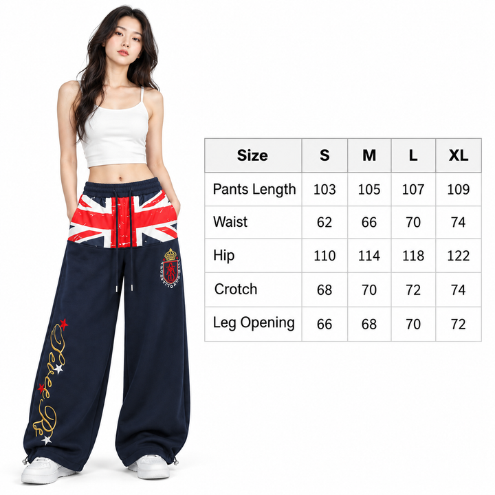 Wide leg sweatpants size chart with model and measurements