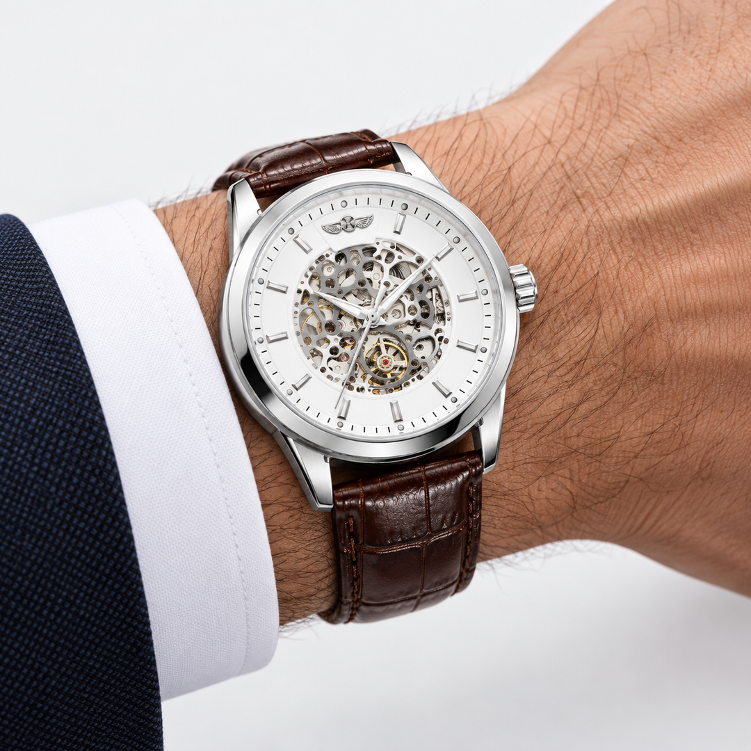 Automatic skeleton watch with black dial and black leather strap worn on wrist