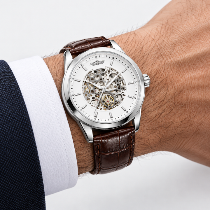 Automatic skeleton watch with black dial and black leather strap worn on wrist