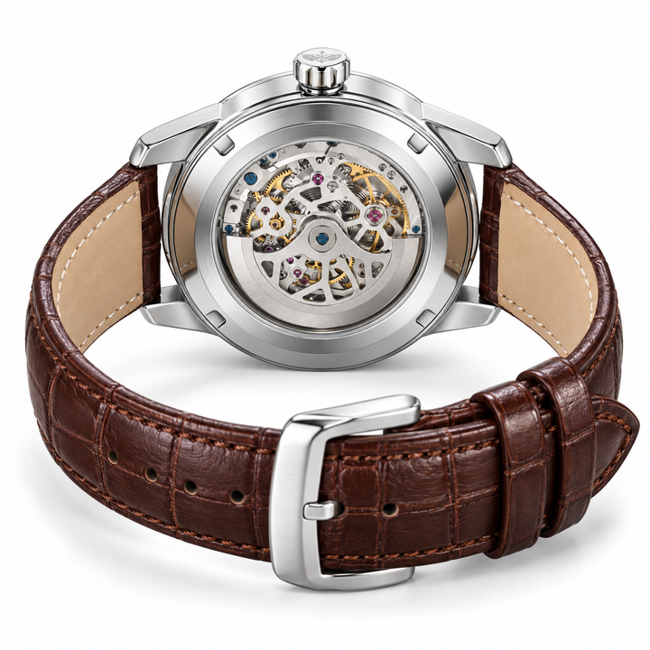 Rear view of mechanical watch caseback with visible movement and brown leather strap