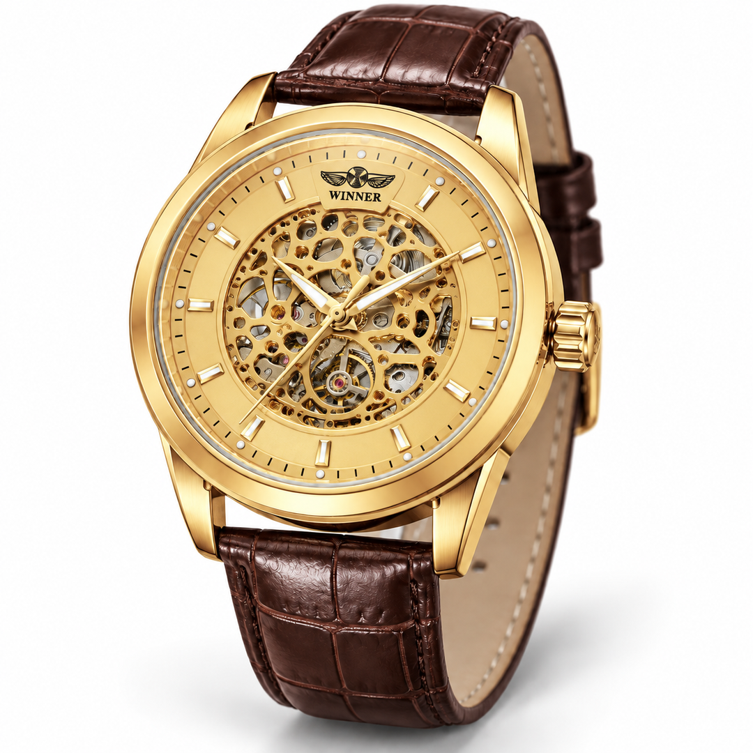 Gold-tone watch with skeleton dial and brown leather strap