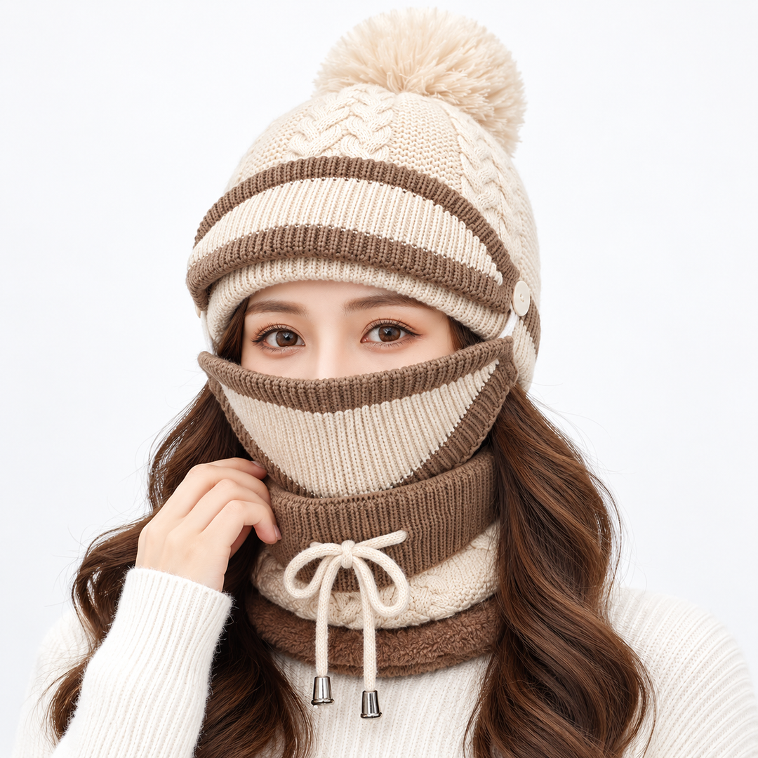 Winter hat set for women in beige with matching knitted beanie, face cover and neck warmer shown on model