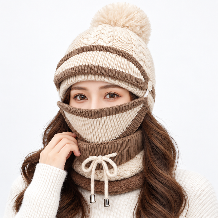 Winter hat set for women in beige with matching knitted beanie, face cover and neck warmer shown on model