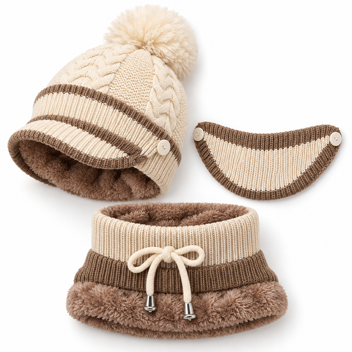 Beige winter hat set for women with knitted beanie, matching face cover and neck warmer arranged on a white background