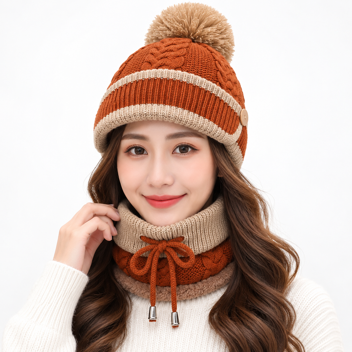 Caramel winter hat set for women with beige trim, knitted beanie, matching neck warmer and face cover shown on model