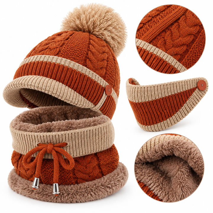 Close detail of the knitted winter hat set showing knit texture, inner lining, drawstring and matching face cover